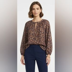 Vince Camuto Brown Multi-Print Keyhole Blouse With Gold Diamonds Size 1X